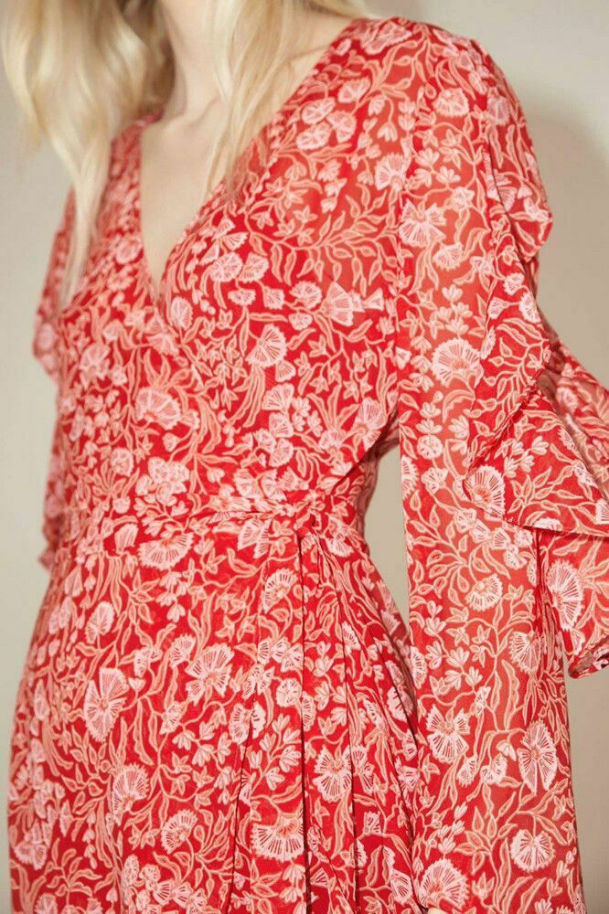  Red Sheer Floral Long Sleeve Cold Shoulder Maxi Wrap Dress