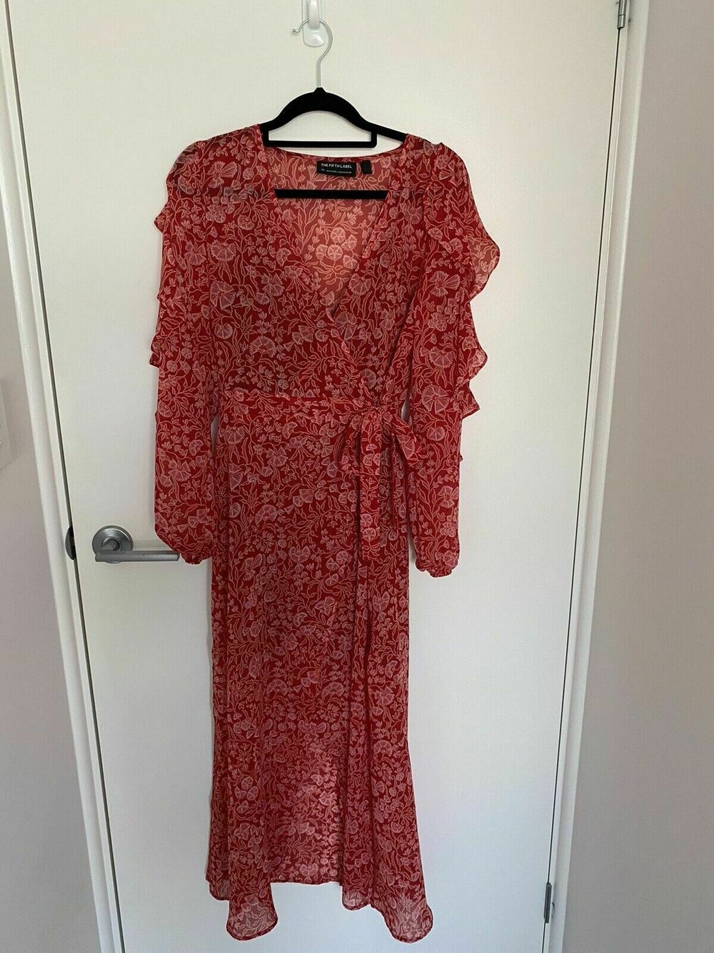  Red Sheer Floral Long Sleeve Cold Shoulder Maxi Wrap Dress
