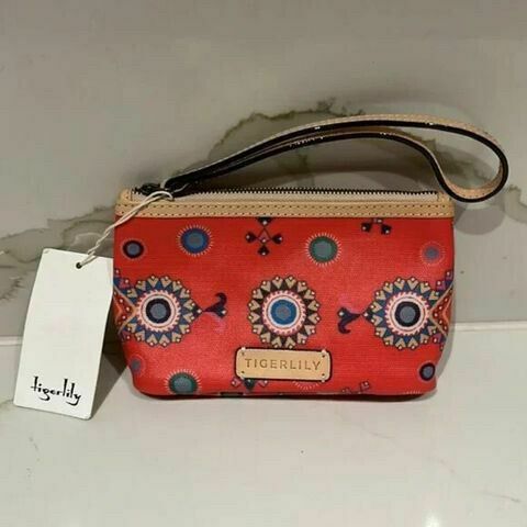 Leather Trim Red Wristlet Clutch Coin Purse Phone Pouch NWT