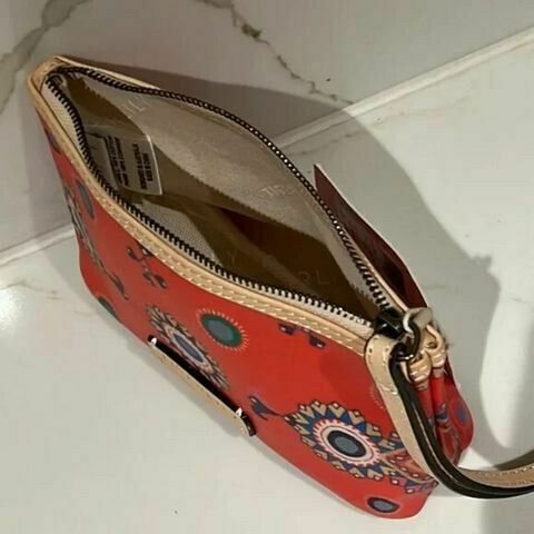 Leather Trim Red Wristlet Clutch Coin Purse Phone Pouch NWT