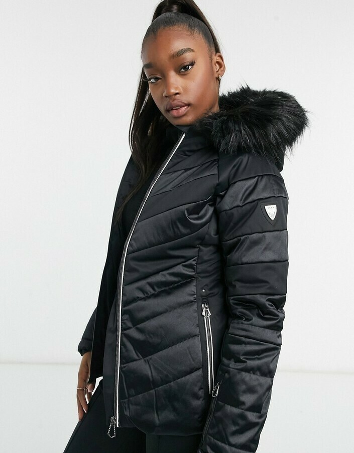Swarovski Dazzling Black Fitted Fur Hood Snowboard Ski Jacket
