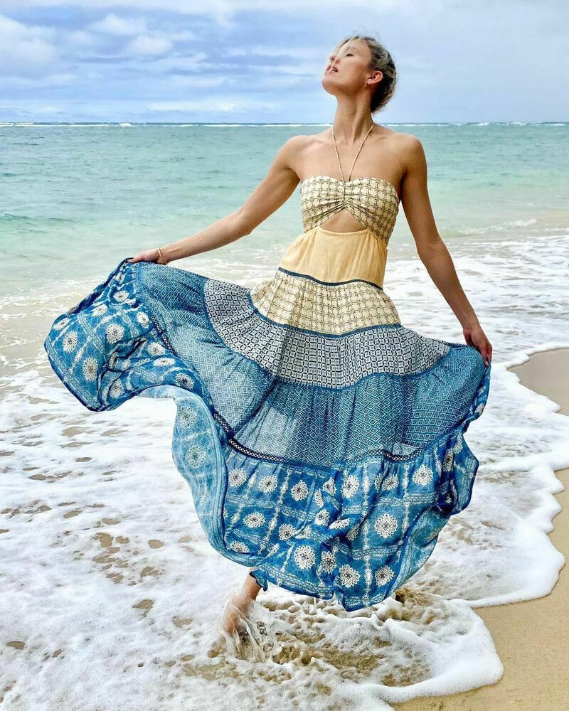 Saydia Aviva Strapless Halter Neck Tie Back Tiered Maxi Dress