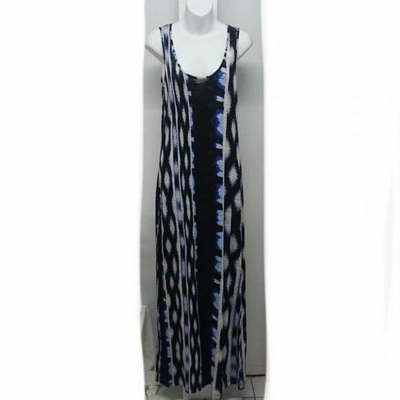 Linen Cotton Blue Boho Print Sleeveless Tank Maxi Dress RRP$229