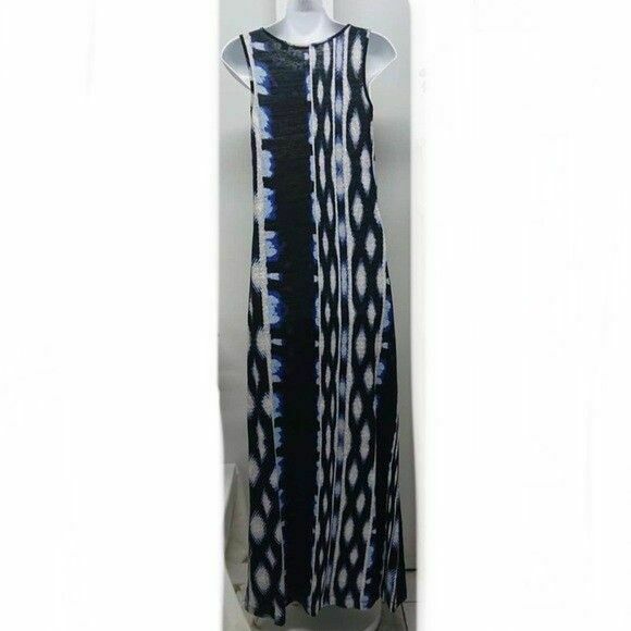 Linen Cotton Blue Boho Print Sleeveless Tank Maxi Dress RRP$229