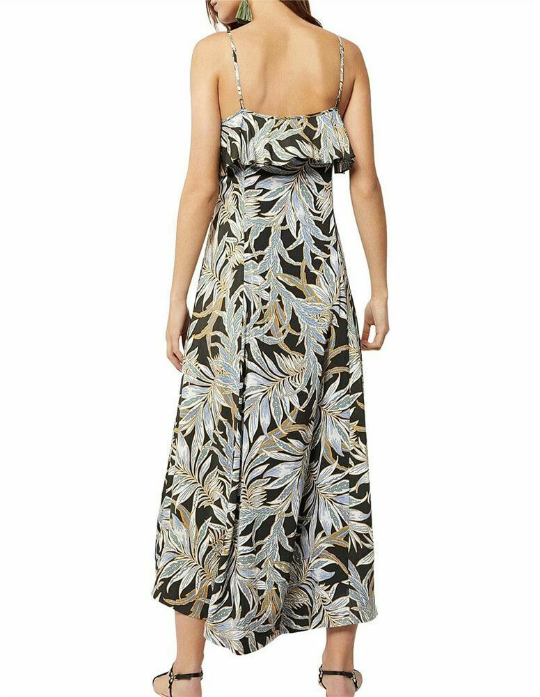 Tropical Leaf Print Ruffle Maxi Dress
