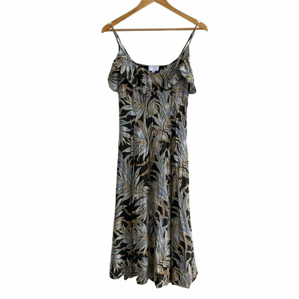 Tropical Leaf Print Ruffle Maxi Dress