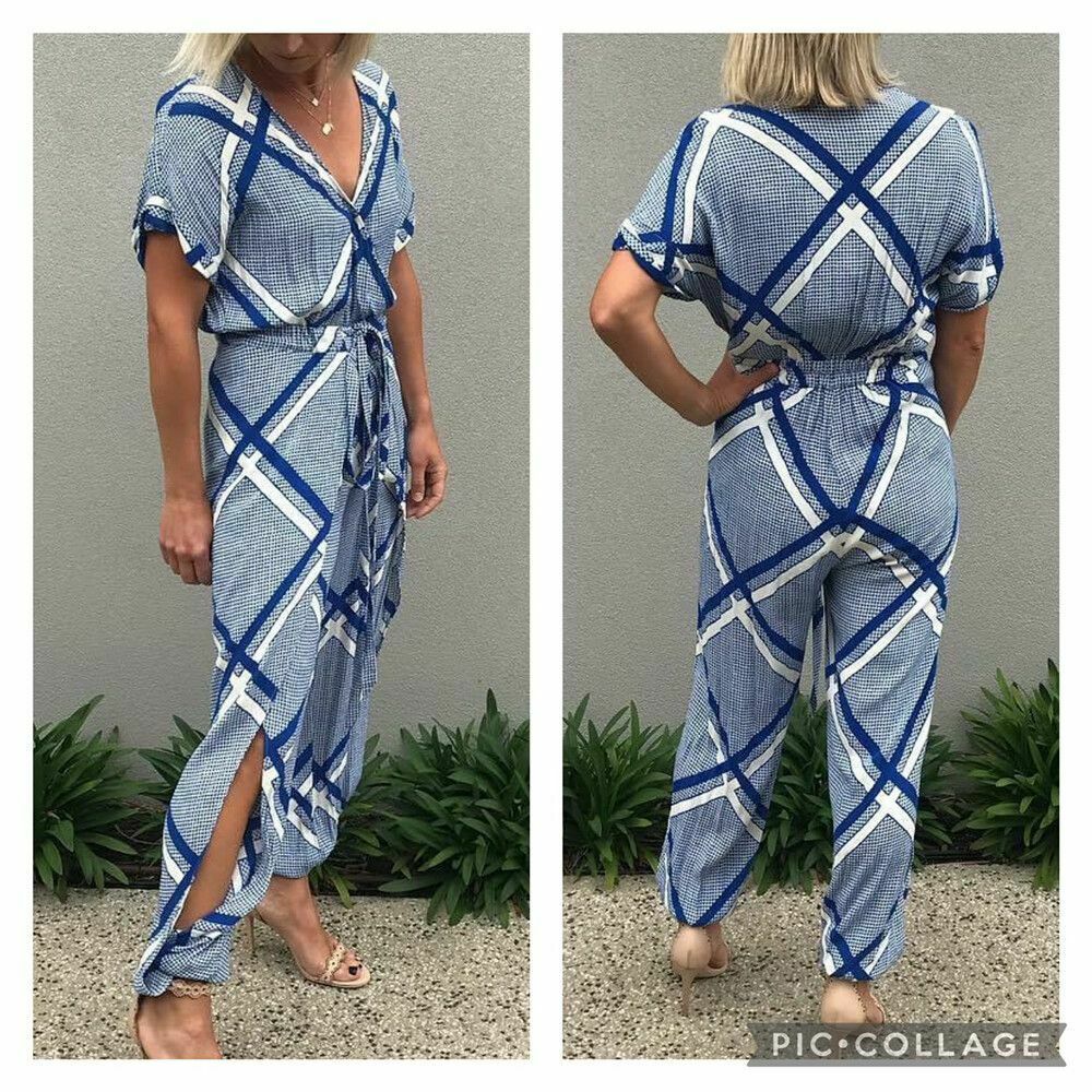 The Flight Tigers & Lions Blue White Split Leg Jumpsuit