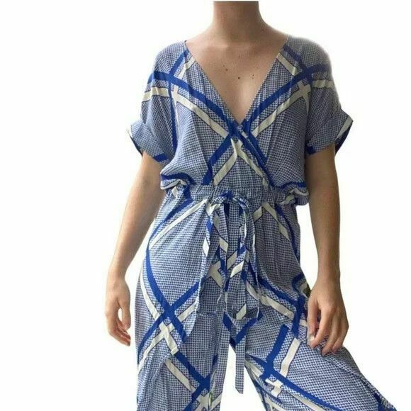 The Flight Tigers & Lions Blue White Split Leg Jumpsuit