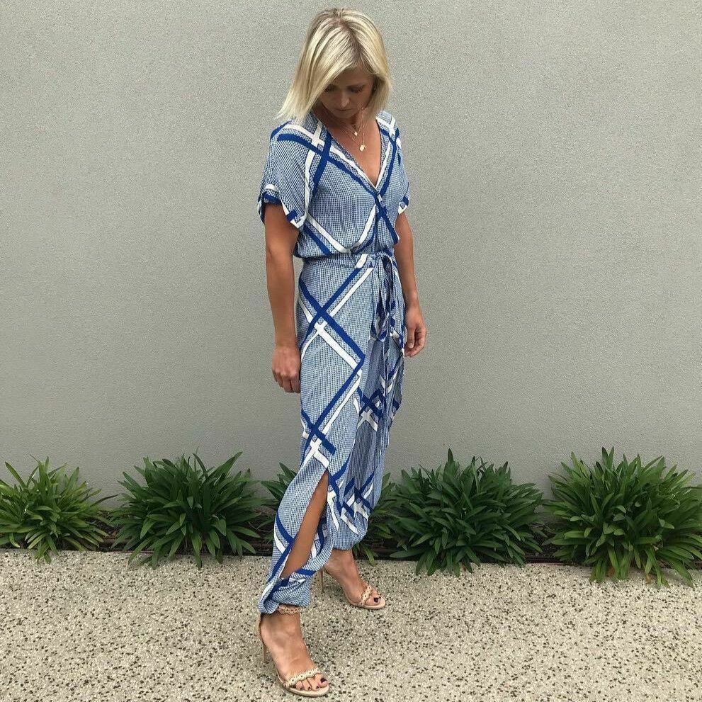 The Flight Tigers & Lions Blue White Split Leg Jumpsuit