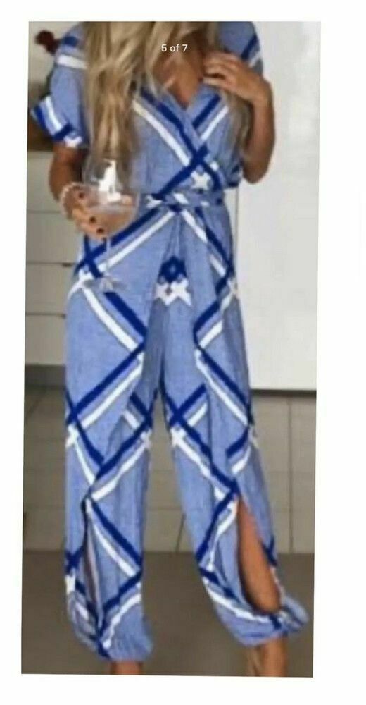 The Flight Tigers & Lions Blue White Split Leg Jumpsuit