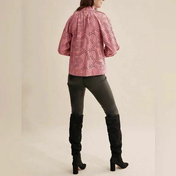 Dusky Pink Tonal Broderie Anglaise Long Sleeve Blouse