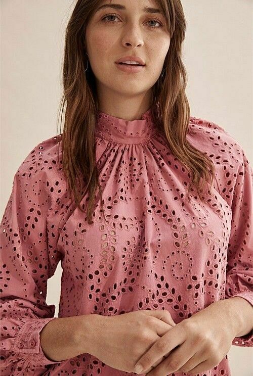 Dusky Pink Tonal Broderie Anglaise Long Sleeve Blouse