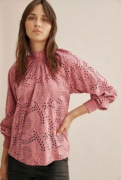 Dusky Pink Tonal Broderie Anglaise Long Sleeve Blouse