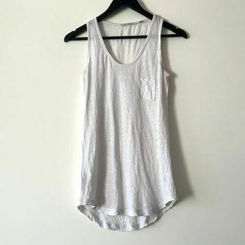 Linen Textured White Pocket Longline Singlet Sleeveless Tank Top