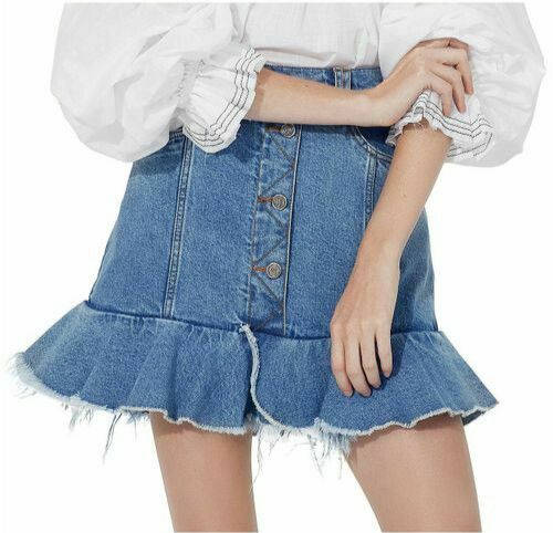 Saltwater Button Front Ruffle Hem High Waisted Denim Mini Skirt