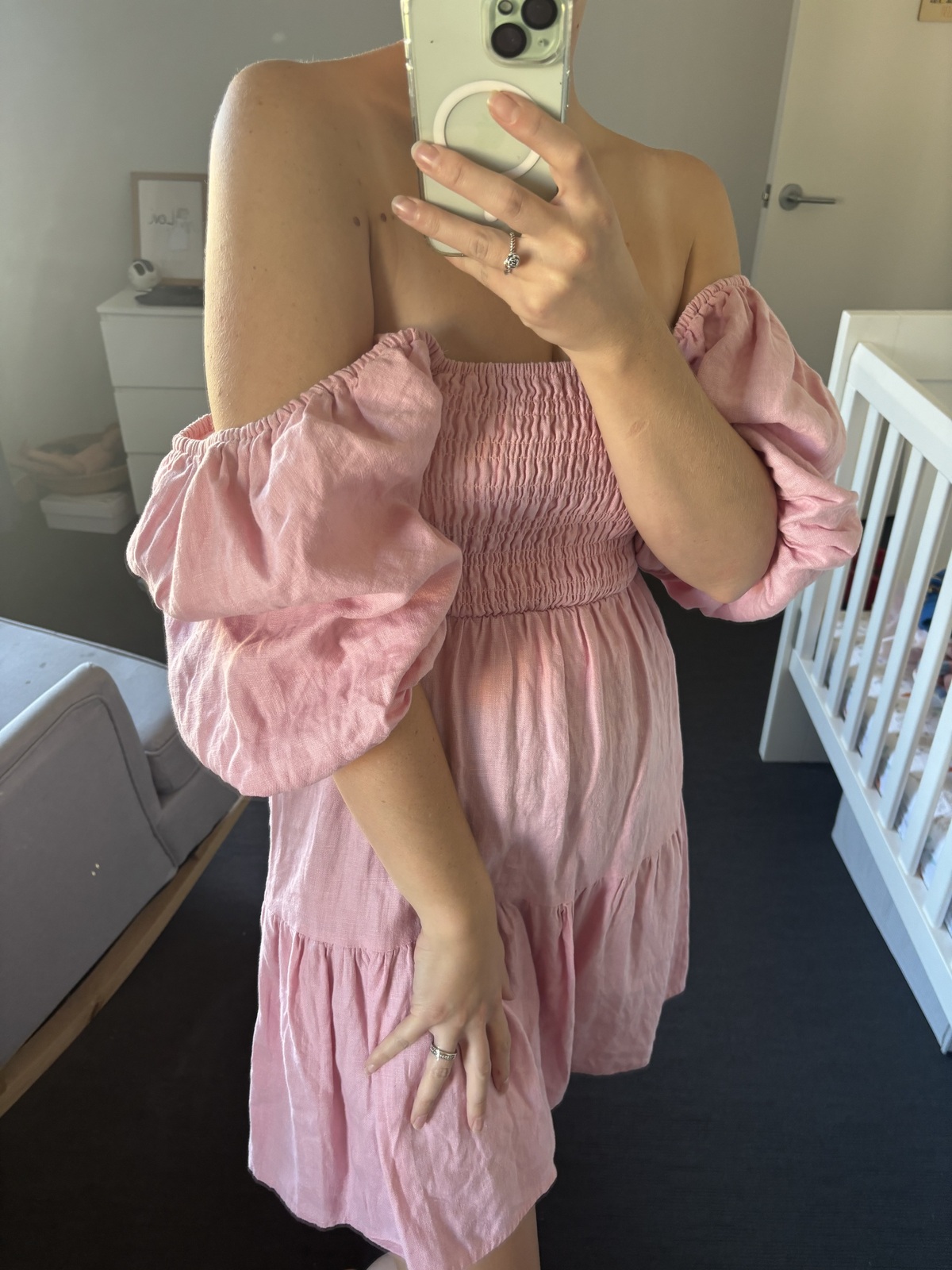 linen puff sleeve blush dress 