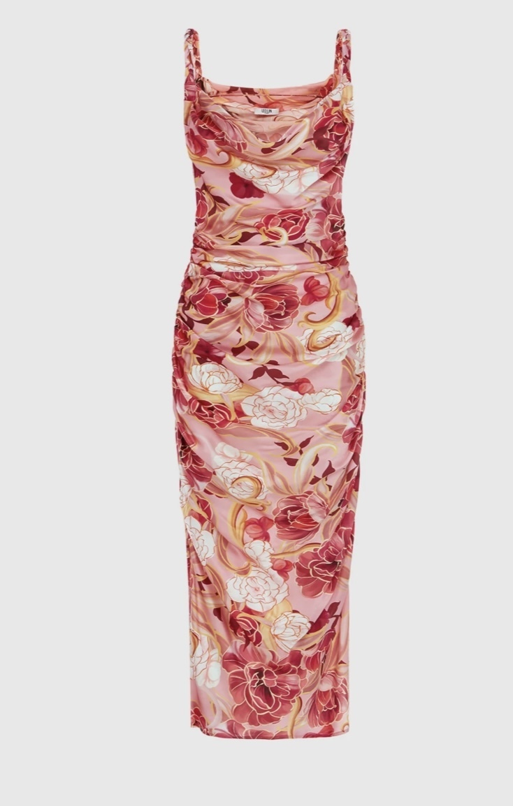 LEO LIN Rachel Cowl Neck Passion Adorn print pink silk midi dress - AirRobe