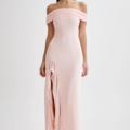 audrey off shoulder mesh maxi dress pale pink MESHKI Audrey Off Shoulder Maxi Dres