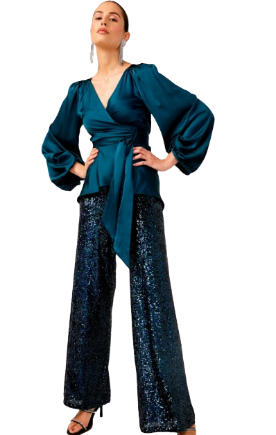 SEQUIN PALAZZO PANTS & NOLANA TOP IN PEACOCK