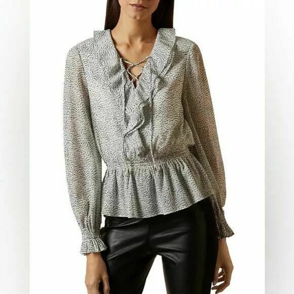 Alyanna Lace Up Ruffle Front Textured Long Sleeve Blouse Top
