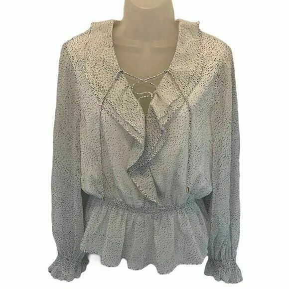 Alyanna Lace Up Ruffle Front Textured Long Sleeve Blouse Top