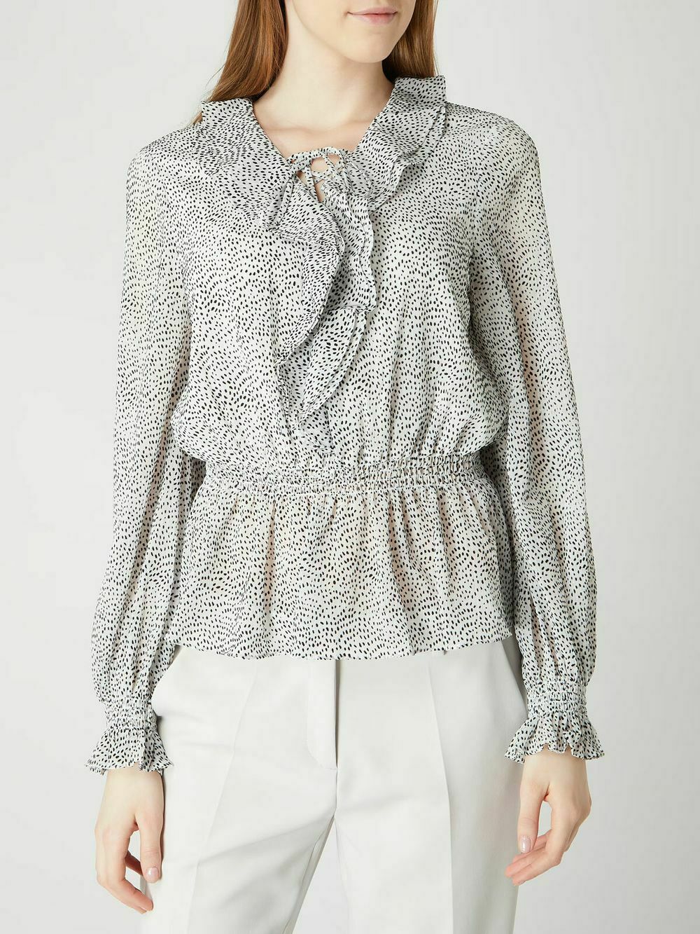 Alyanna Lace Up Ruffle Front Textured Long Sleeve Blouse Top