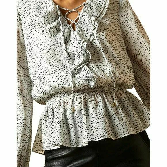 Alyanna Lace Up Ruffle Front Textured Long Sleeve Blouse Top