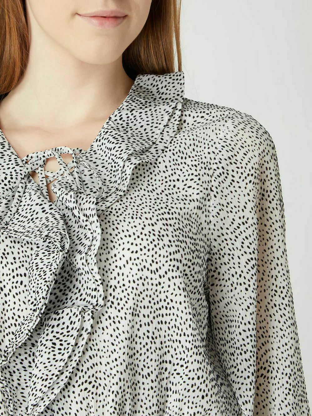 Alyanna Lace Up Ruffle Front Textured Long Sleeve Blouse Top