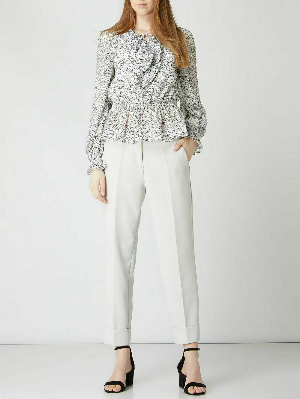 Alyanna Lace Up Ruffle Front Textured Long Sleeve Blouse Top