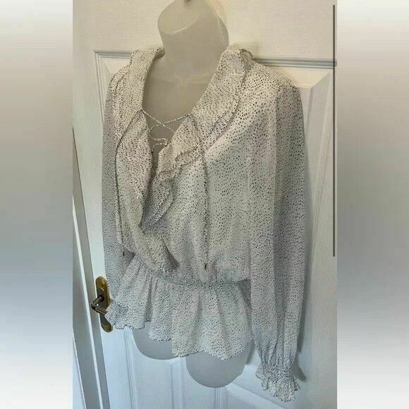 Alyanna Lace Up Ruffle Front Textured Long Sleeve Blouse Top