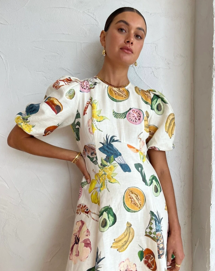 alemais theo midi dress Alemais Theo Linen Midi Puff Sleeve Dress