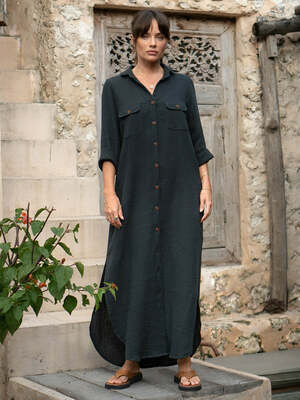 chinese dress ladies Italian Strappy Abstract Charcoal Linen Dress Sz 10-16 main image 0