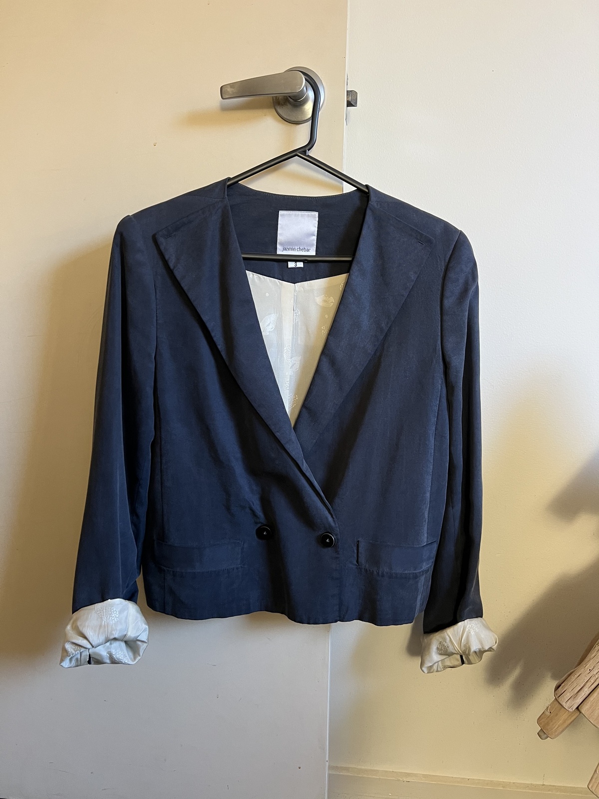 Navy washed silk crop blazer premium