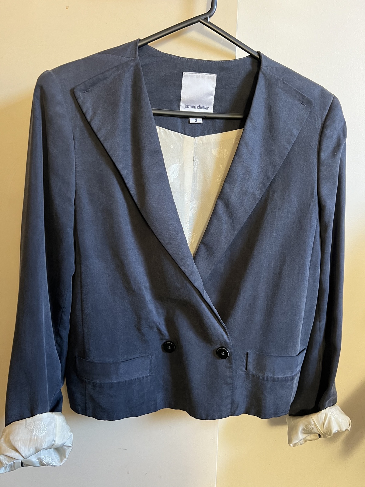 Navy washed silk crop blazer premium