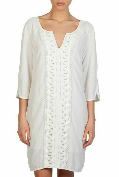 White Lattice Trim 3/4 Sleeve Kaftan Shift Dress