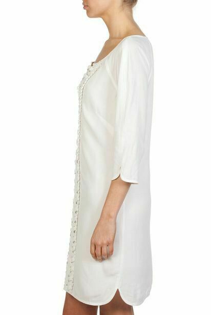 White Lattice Trim 3/4 Sleeve Kaftan Shift Dress