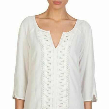 White Lattice Trim 3/4 Sleeve Kaftan Shift Dress