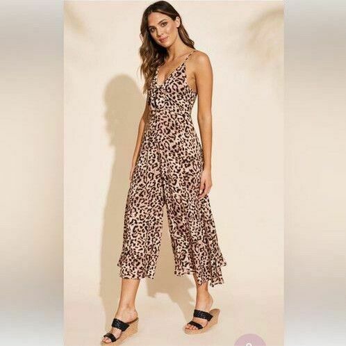 Savannah Leopard Print Tie Front Wide Leg Jumpsuit NWT