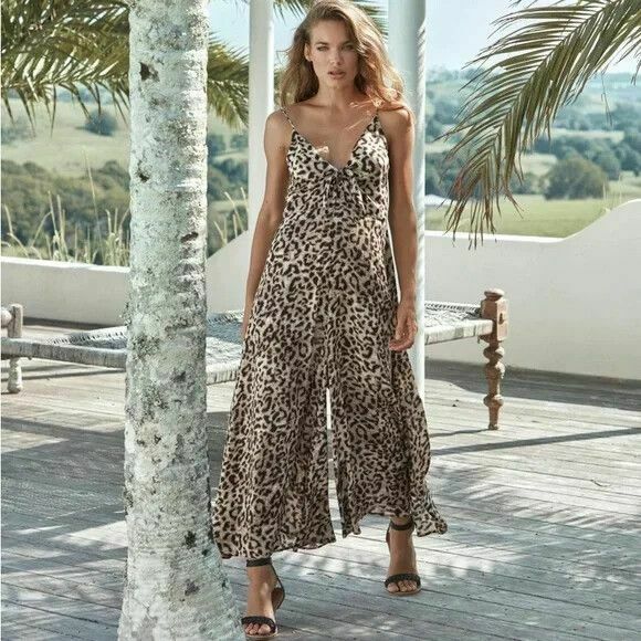 Savannah Leopard Print Tie Front Wide Leg Jumpsuit NWT