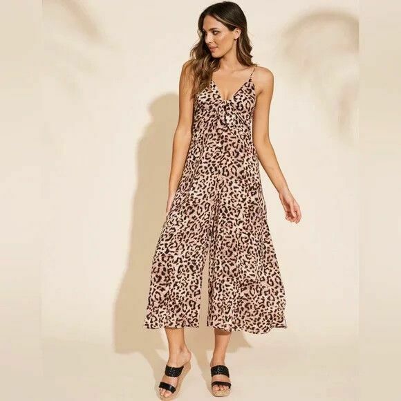Savannah Leopard Print Tie Front Wide Leg Jumpsuit NWT