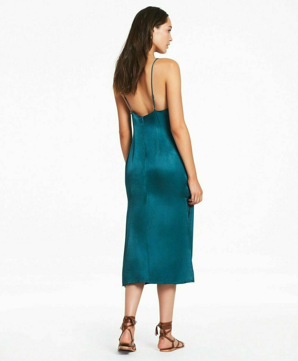 Yolanthe Emerald Teal Satin Slip Midi Dress NWT