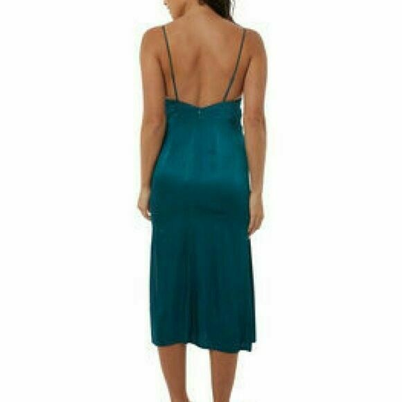 Yolanthe Emerald Teal Satin Slip Midi Dress NWT