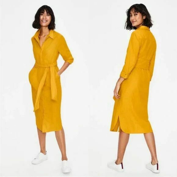 Freya Linen Cotton Golden Yellow Midi Collared Shirt Dress