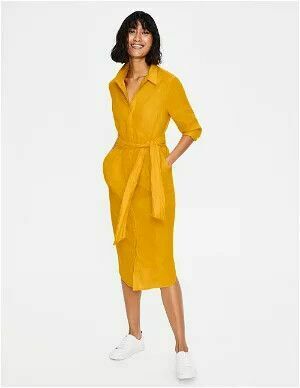 Freya Linen Cotton Golden Yellow Midi Collared Shirt Dress