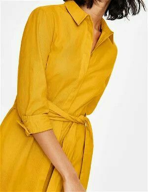 Freya Linen Cotton Golden Yellow Midi Collared Shirt Dress
