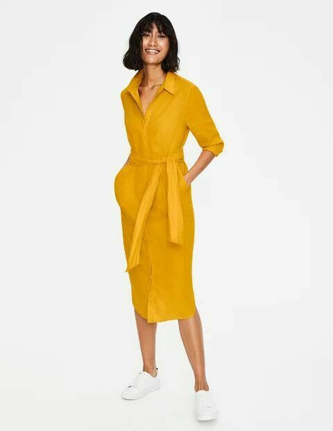 Freya Linen Cotton Golden Yellow Midi Collared Shirt Dress