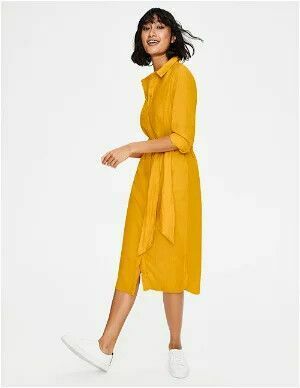 Freya Linen Cotton Golden Yellow Midi Collared Shirt Dress