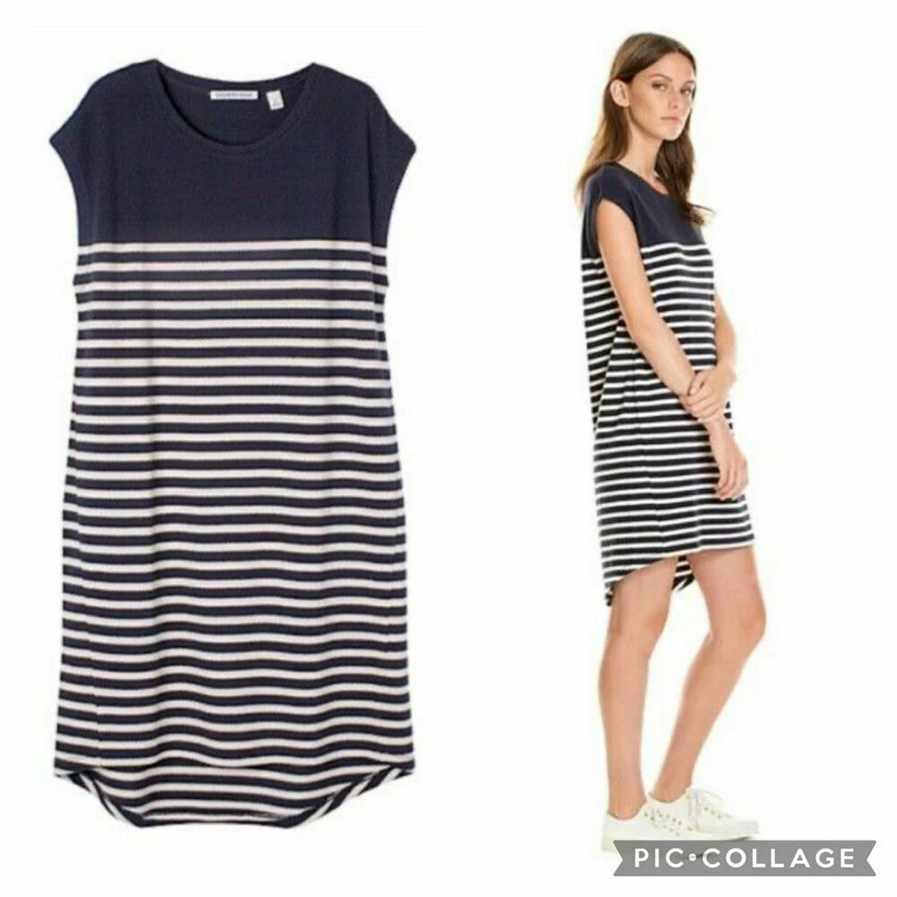  Cotton Navy White Nautical Yoke Stripe Assymetric Hi Low Dress
