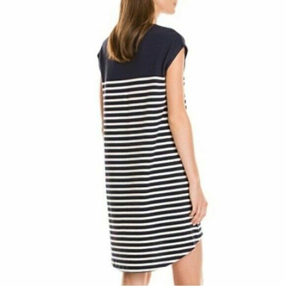  Cotton Navy White Nautical Yoke Stripe Assymetric Hi Low Dress
