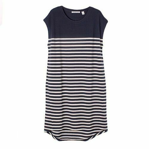  Cotton Navy White Nautical Yoke Stripe Assymetric Hi Low Dress